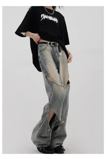 European hip-hop high street men and women trend deconstruction design straight leg jeans couple loose retro casual pants y2k